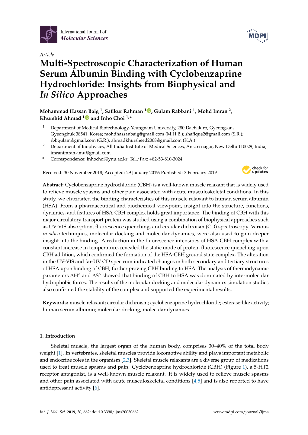 Multi-Spectroscopic Characterization of Human Serum Albumin Binding with Cyclobenzaprine Hydrochloride: Insights from Biophysical and in Silico Approaches