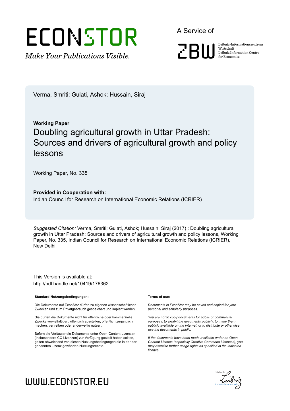 Doubling Agricultural Growth in Uttar Pradesh: Sources and Drivers of Agricultural Growth and Policy Lessons