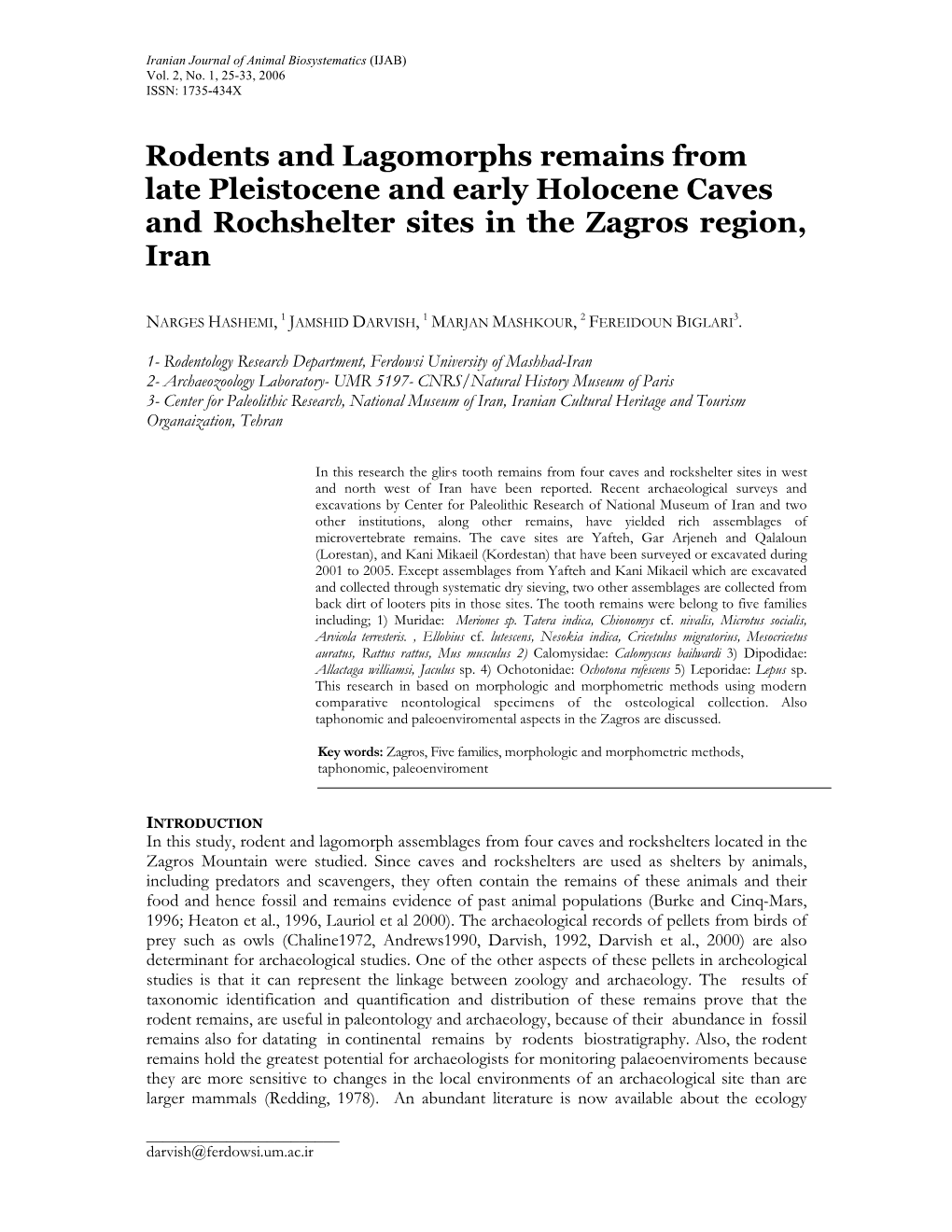 Rodents and Lagomorphs Remains from Late Pleistocene and Early Holocene Caves and Rochshelter Sites in the Zagros Region, Iran