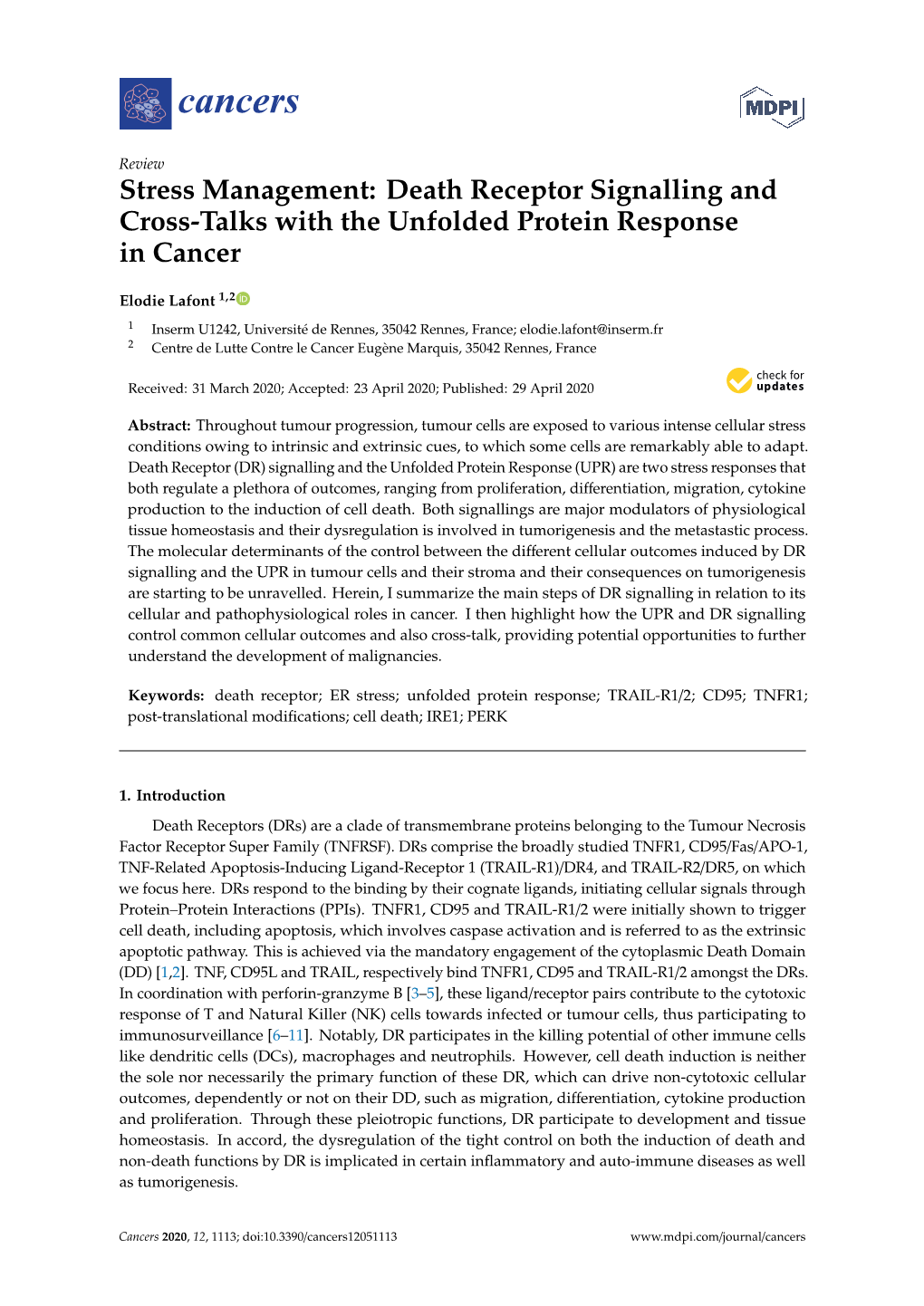 Death Receptor Signalling and Cross-Talks with the Unfolded Protein Response in Cancer