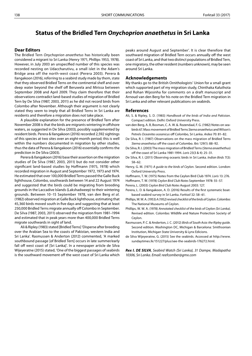 Status of the Bridled Tern Onychoprion Anaethetus in Sri Lanka