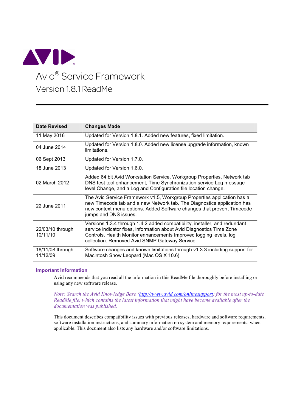 Avid® Service Framework Version 1.8.1 Readme