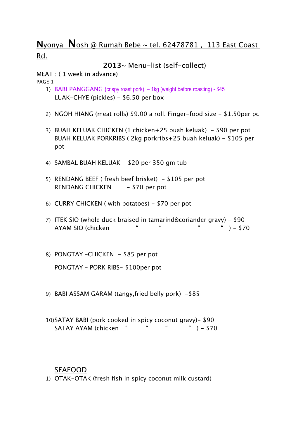 Nyonya Nosh Menu 2013