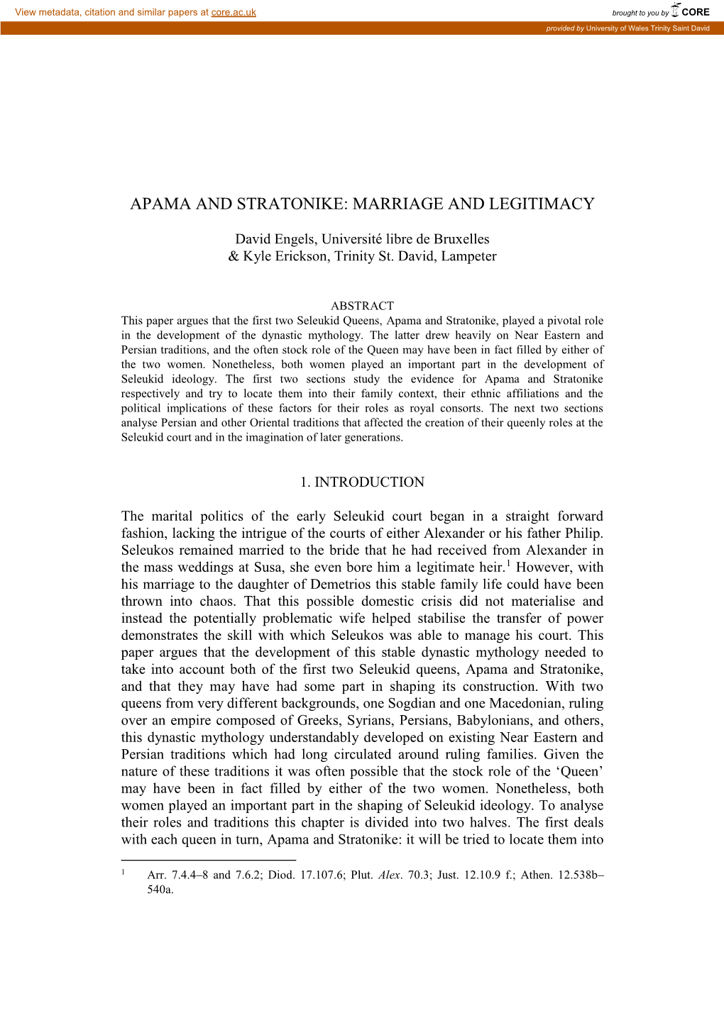 Apama and Stratonike: Marriage and Legitimacy