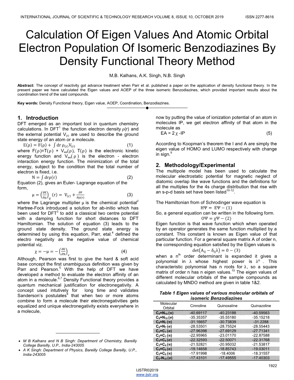 Calculation of Eigen Values and Atomic Orbital Electron Population of Isomeric Benzodiazines by Density Functional Theory Method