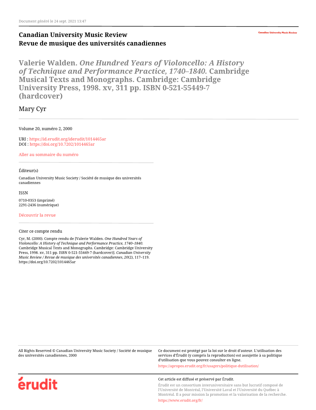 Valerie Walden. One Hundred Years of Violoncello: a History of Technique and Performance Practice, 1740–1840
