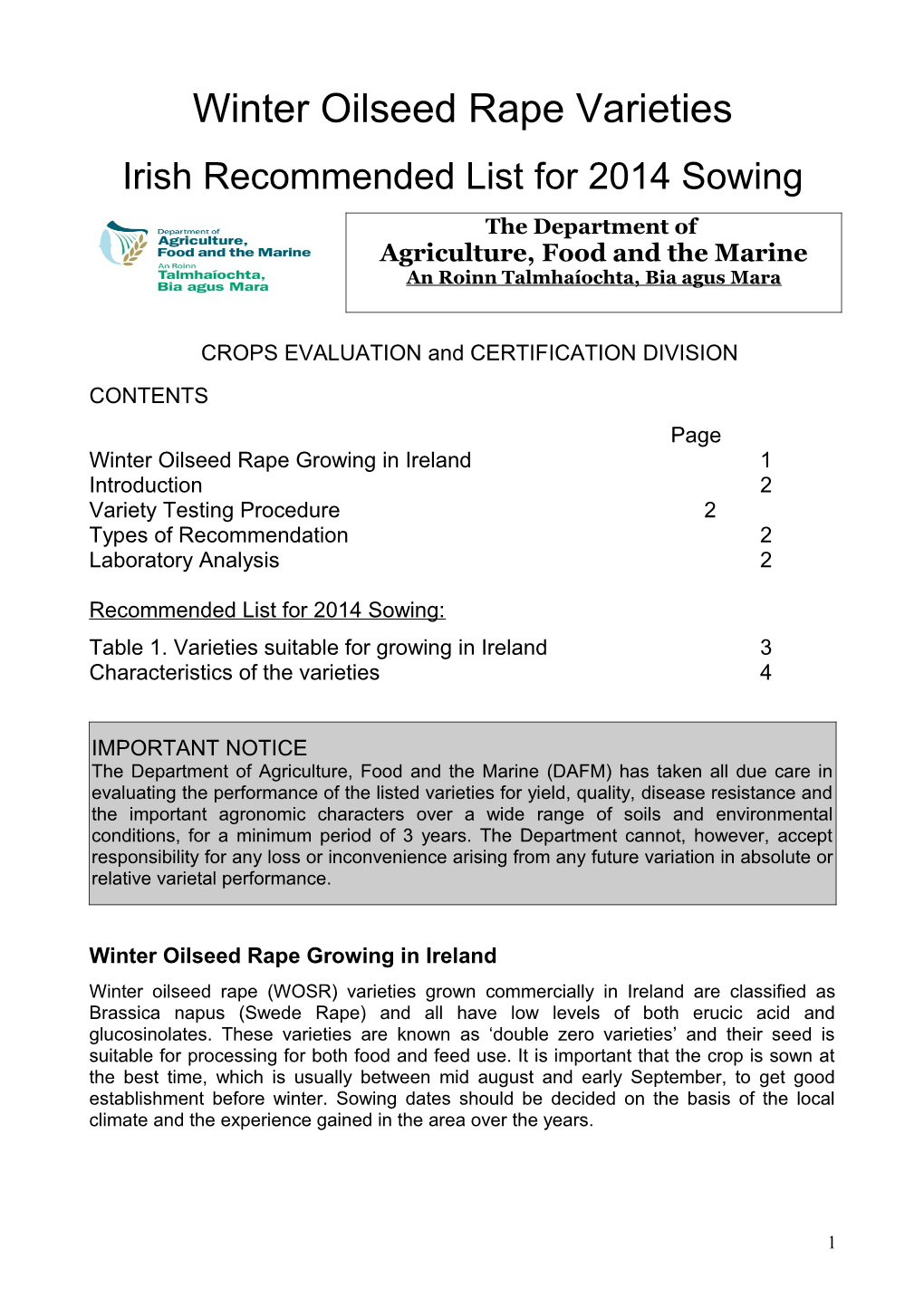 Winter Oilseed Rape Varieties: Irish Recommended List for 2009 Sowing