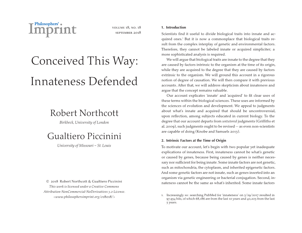 Conceived This Way: Innateness Defended