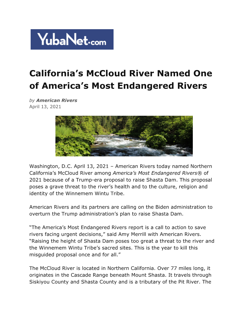 California's Mccloud River Named One Of