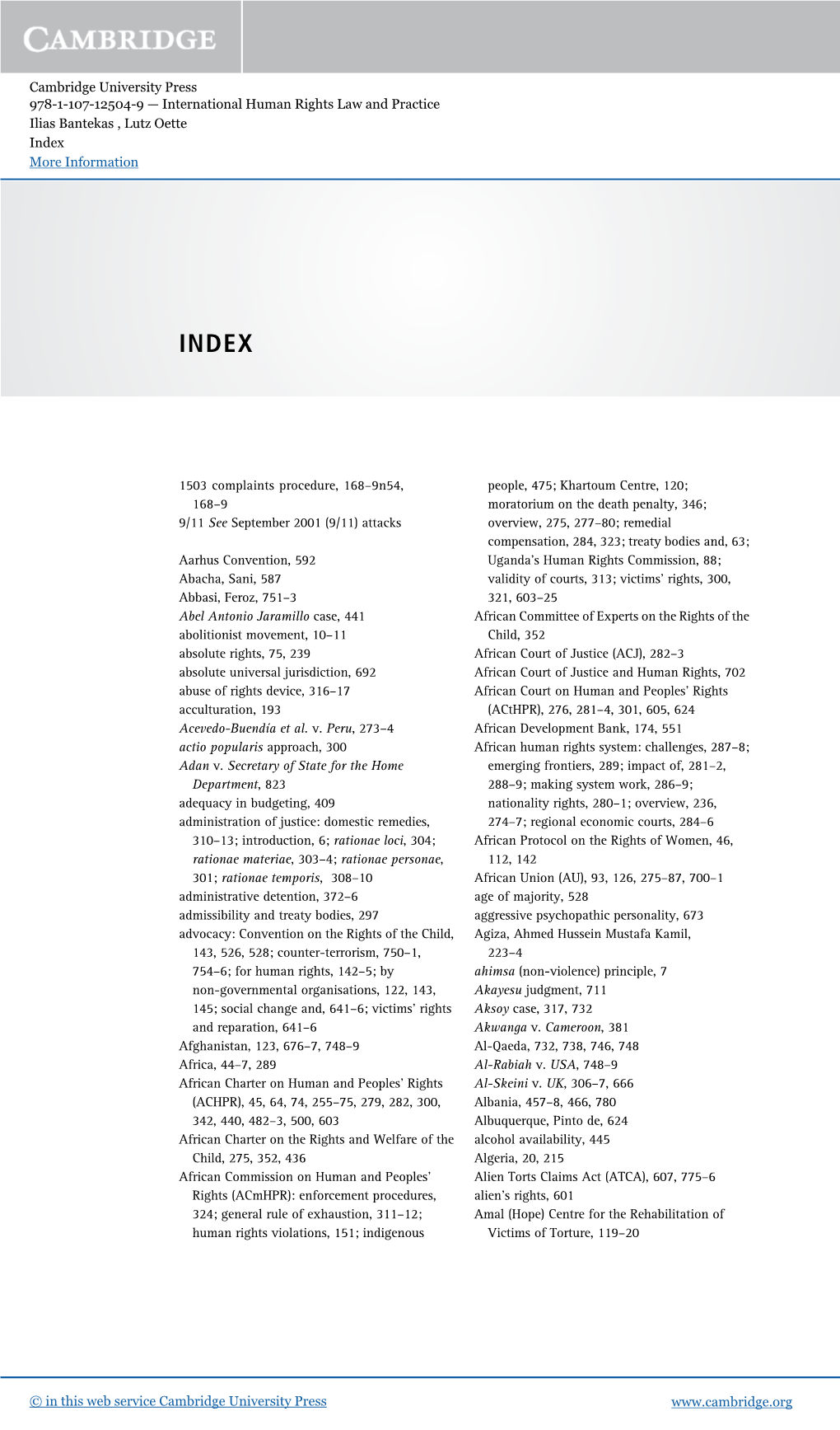 Cambridge University Press 978-1-107-12504-9 — International Human Rights Law and Practice Ilias Bantekas , Lutz Oette Index More Information