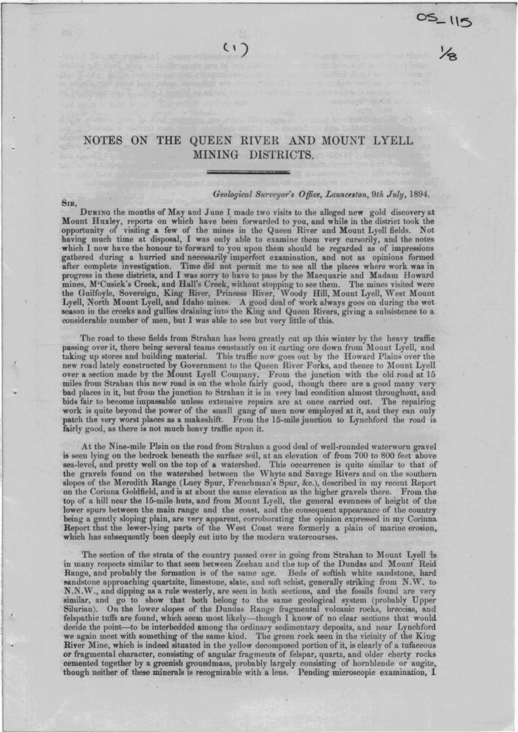 Notes on the Queen River and Mount Lyell Mining Districts