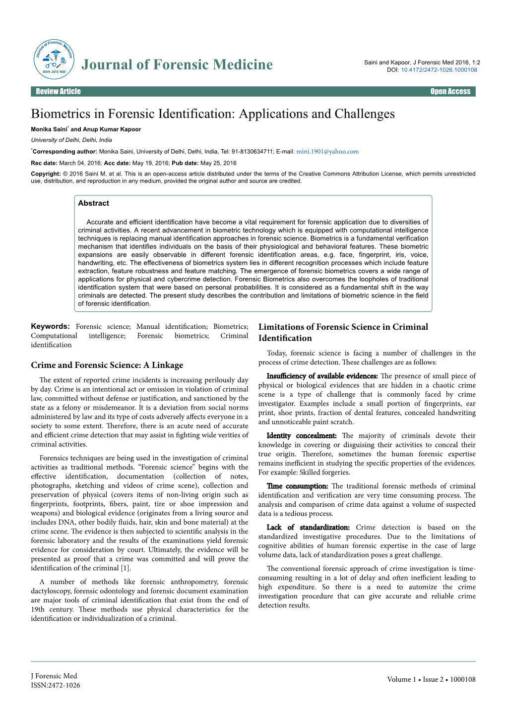 Biometrics in Forensic Identification: Applications and Challenges