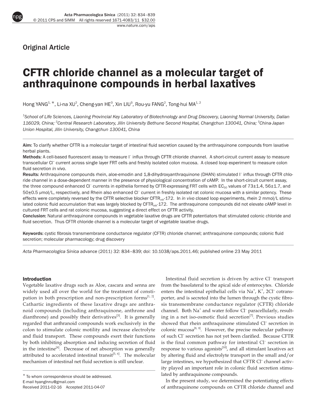 CFTR Chloride Channel As a Molecular Target of Anthraquinone Compounds in Herbal Laxatives