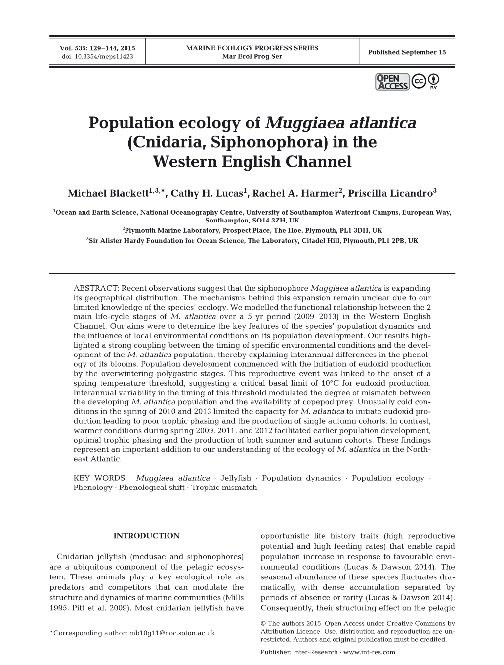 Population Ecology of Muggiaea Atlantica (Cnidaria, Siphonophora) in the Western English Channel
