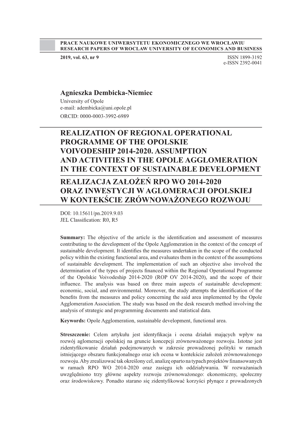 Realization of Regional Operational Programme of the Opolskie Voivodeship 2014-2020