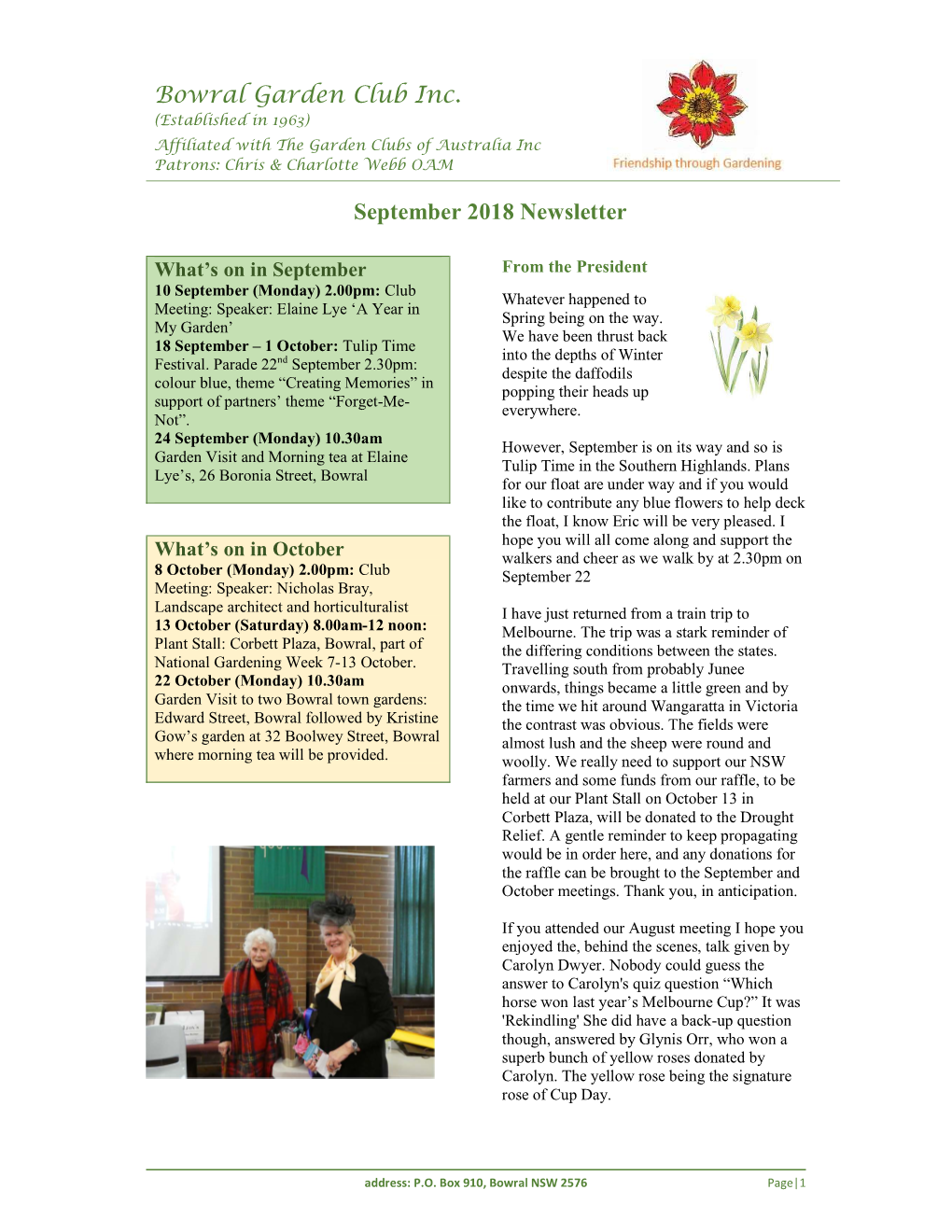 Bowral Garden Club Inc. September 2018 Newsletter