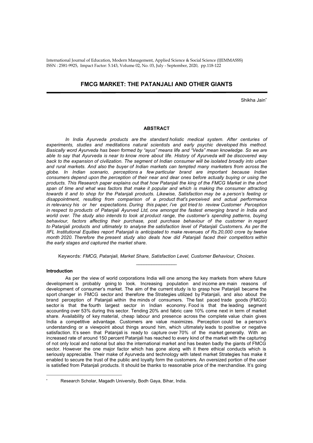 Fmcg Market: the Patanjali and Other Giants