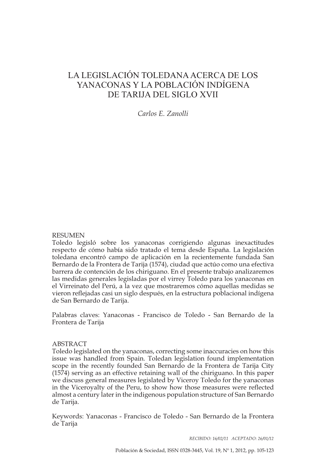 La Legislación Toledana Acerca De Los Yanaconas Y La Población Indígena De Tarija Del Siglo Xvii