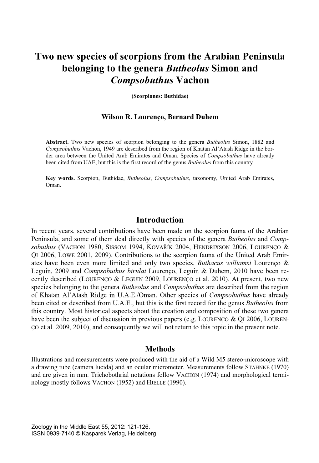 Two New Species of Scorpions from the Arabian Peninsula Belonging to the Genera Butheolus Simon and Compsobuthus Vachon