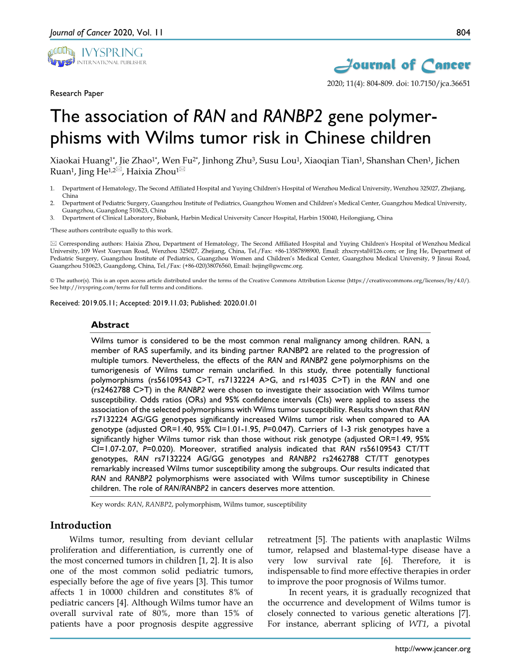 The Association of RAN and RANBP2 Gene Polymer