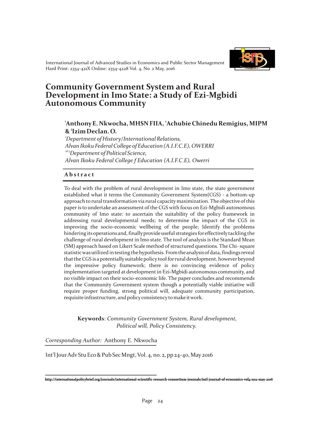 Community Government System and Rural Development in Imo State: a Study of Ezi-Mgbidi Autonomous Community