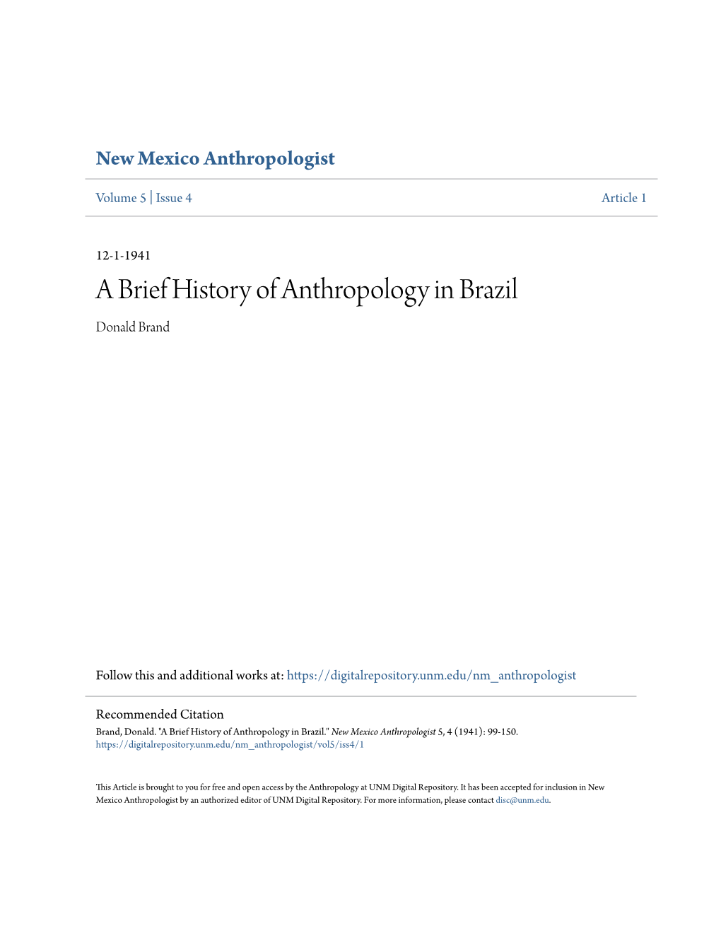 A Brief History of Anthropology in Brazil Donald Brand