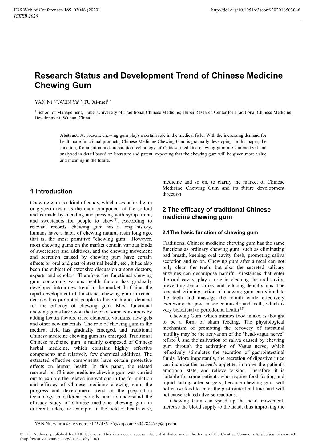 Research Status and Development Trend of Chinese Medicine Chewing Gum