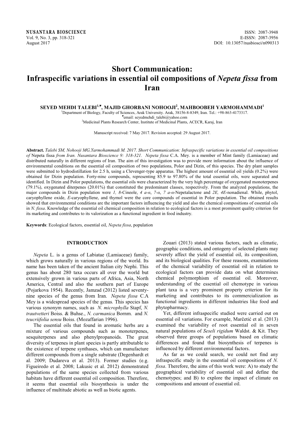 Infraspecific Variations in Essential Oil Compositions of Nepeta Fissa from Iran