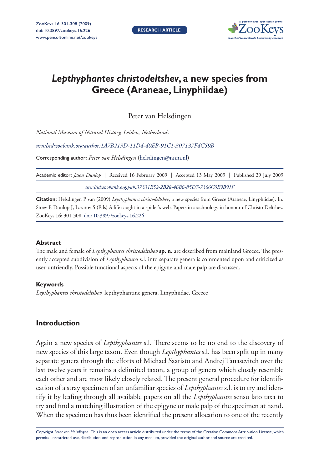 Lepthyphantes Christodeltshev, a New Species from Greece