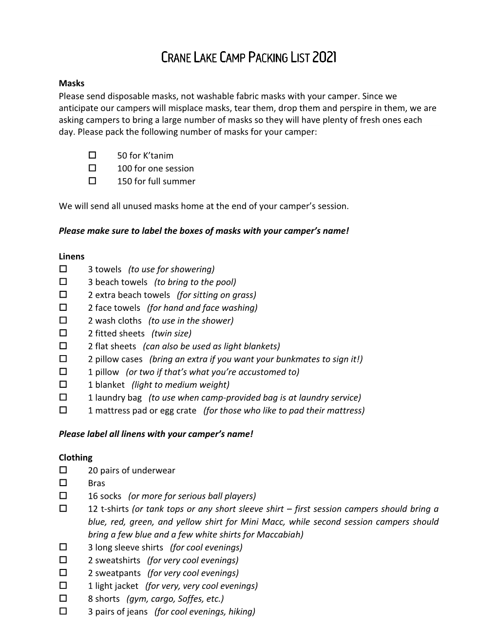 A Printable Version of the Packing List