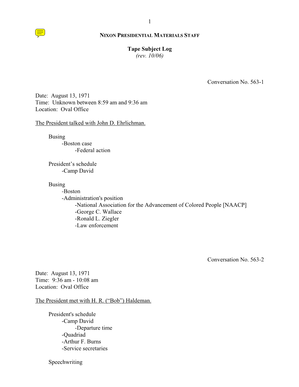 Oval #563: August 13, 1971 [Complete Tape Subject Log]