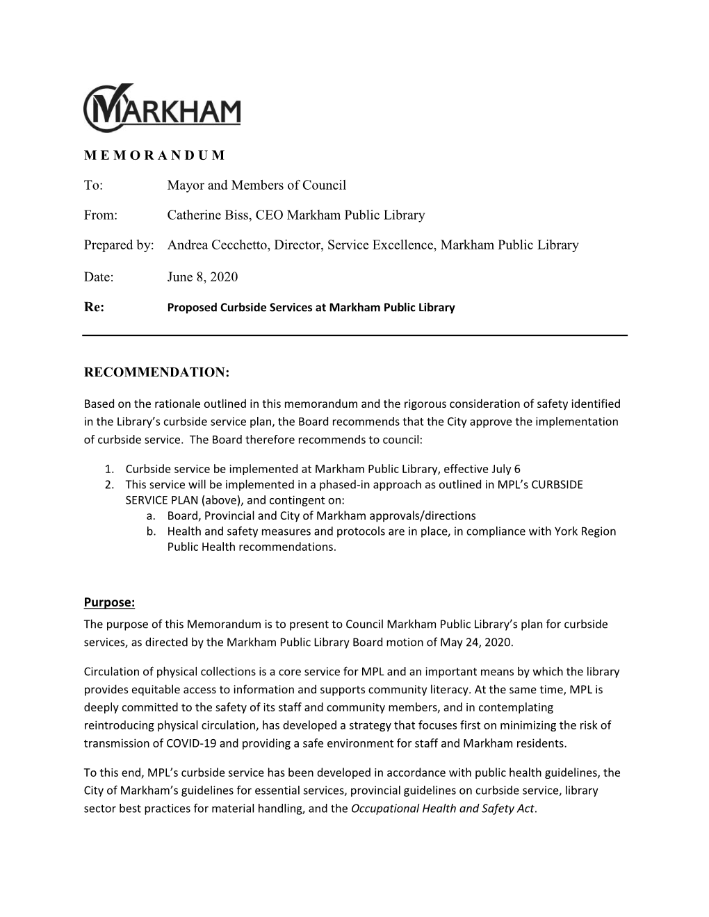 Proposed Curbside Services at Markham Public Library