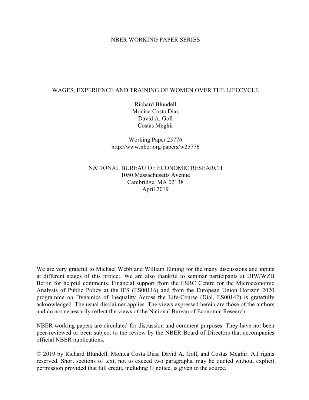 Nber Working Paper Series Wages, Experience And