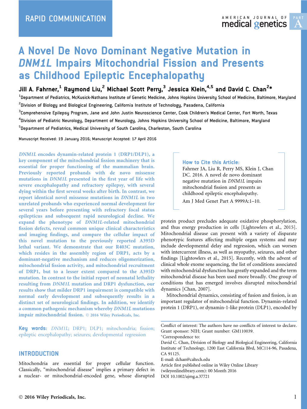 A Novel De Novo Dominant Negative Mutation in DNM1L Impairs Mitochondrial Fission and Presents As Childhood Epileptic Encephalopathy Jill A