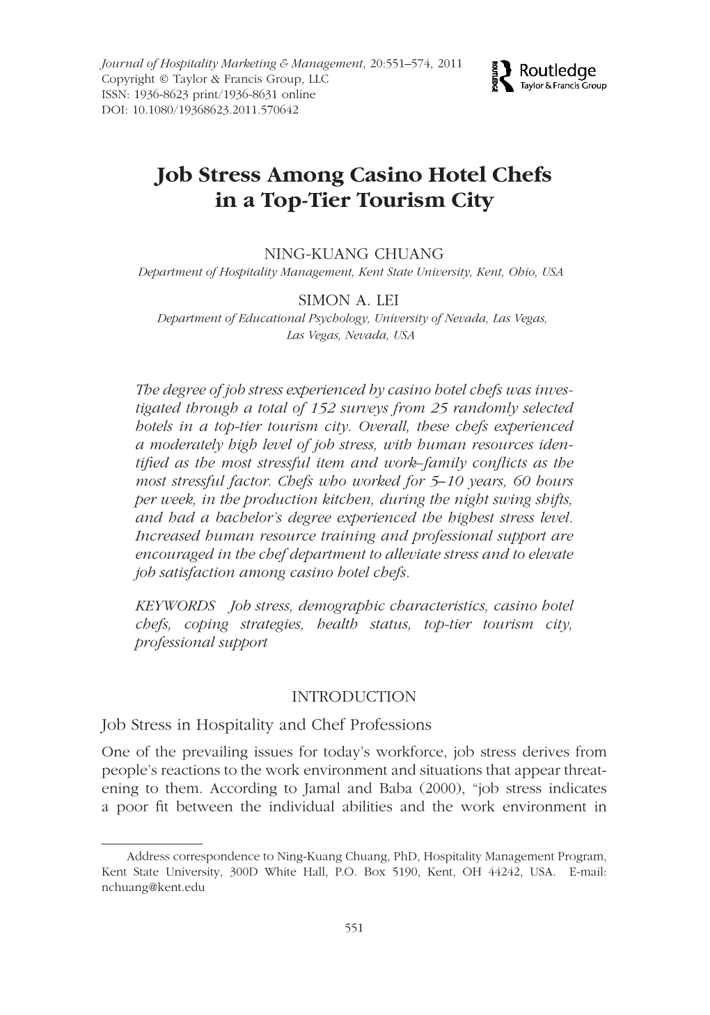 Job Stress Among Casino Hotel Chefs in a Top-Tier Tourism City