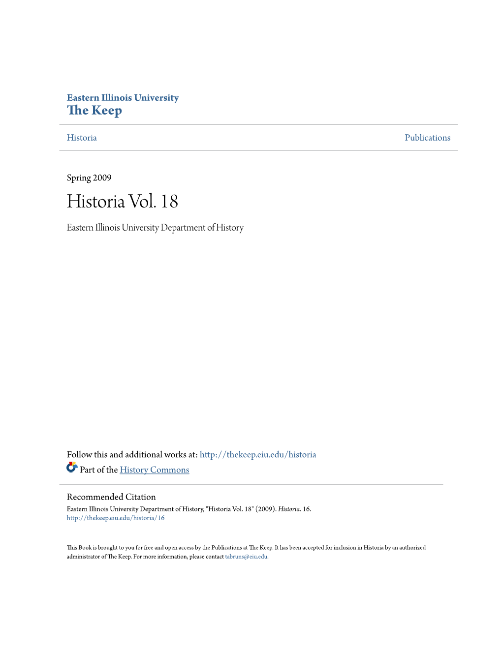 Historia Vol. 18 Eastern Illinois University Department of History