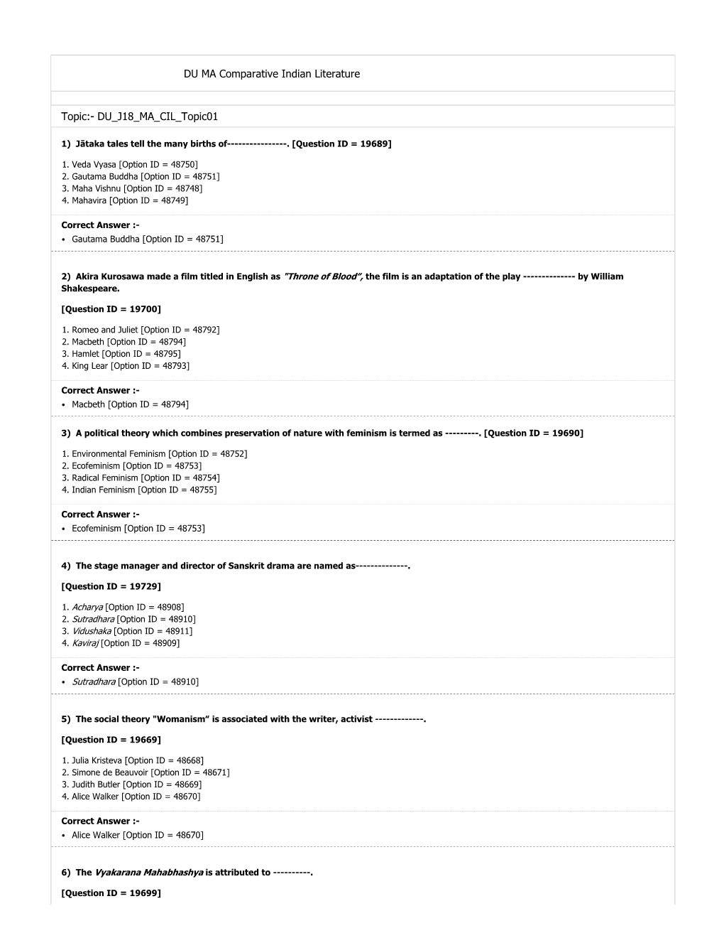 DU MA Comparative Indian Literature Topic:- DU J18 MA CIL Topic01