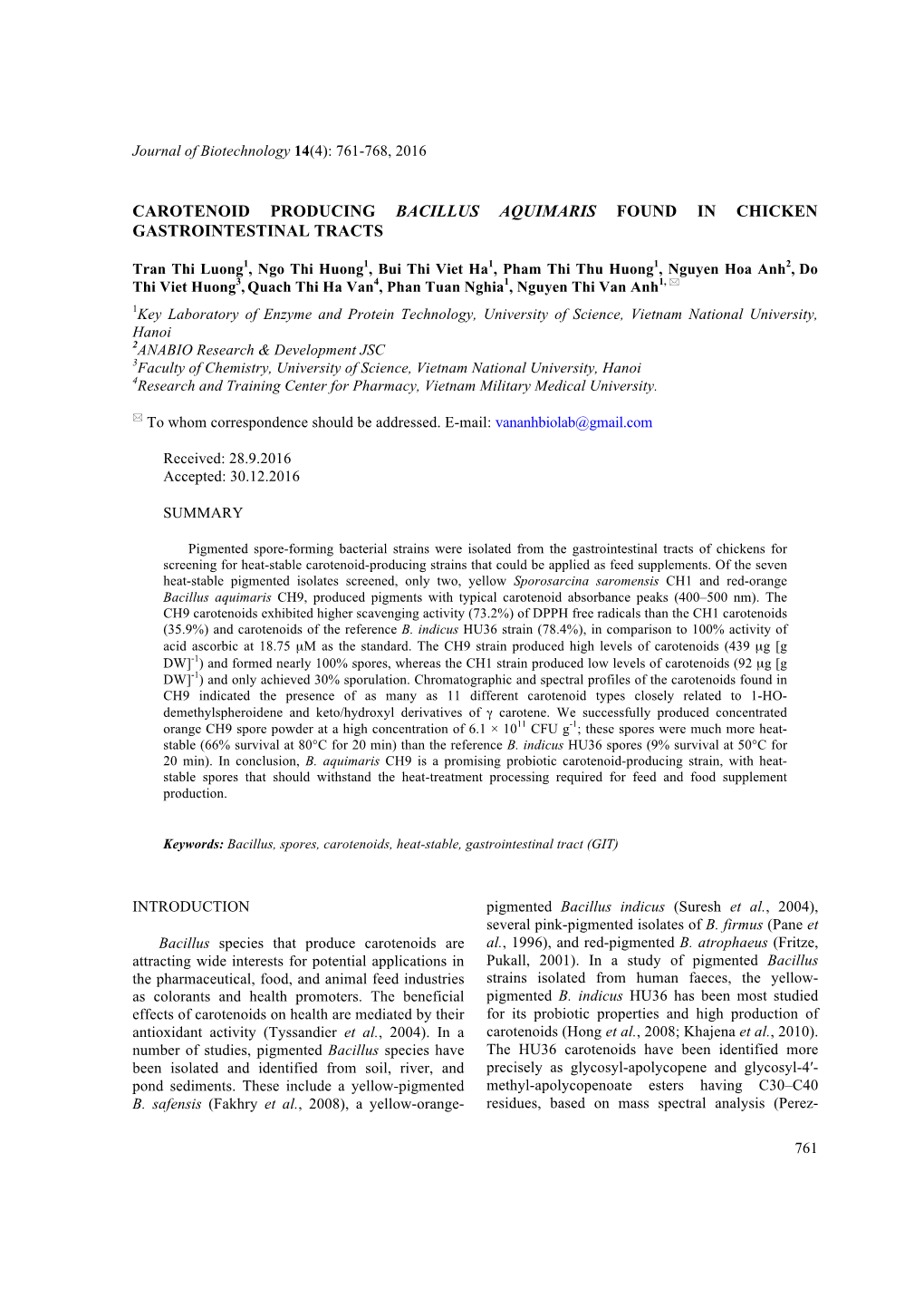 Carotenoid Producing Bacillus Aquimaris Found in Chicken Gastrointestinal Tracts