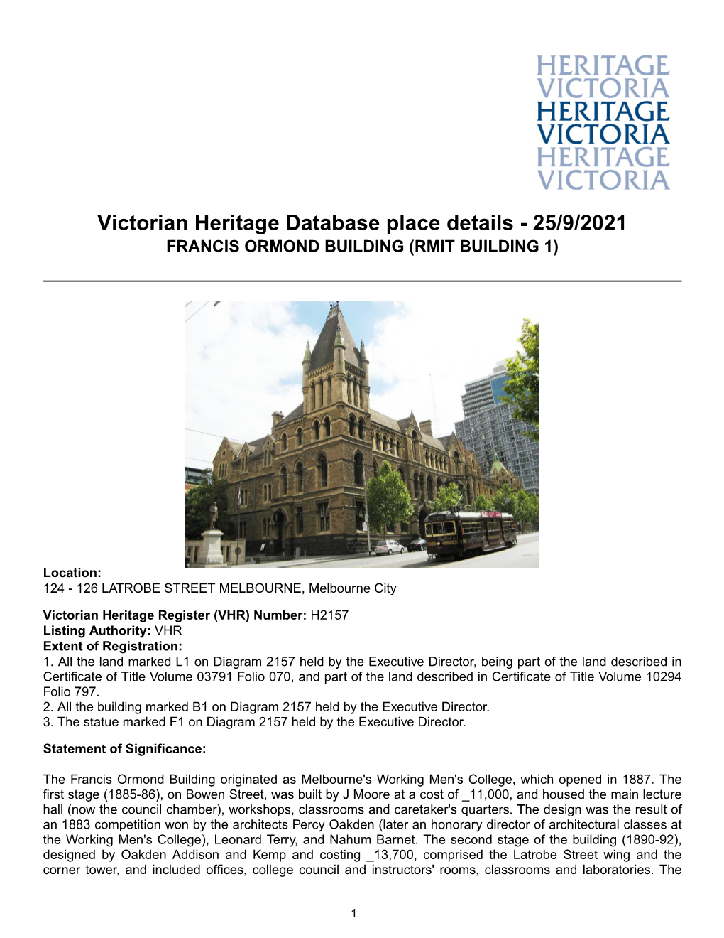 Victorian Heritage Database Place Details - 25/9/2021 FRANCIS ORMOND BUILDING (RMIT BUILDING 1)