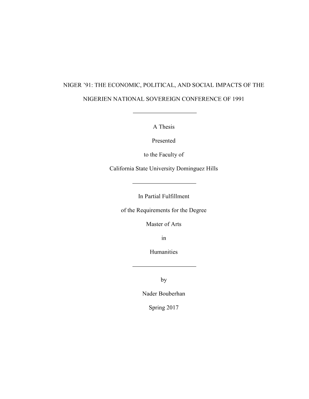 Niger ’91: the Economic, Political, and Social Impacts of The