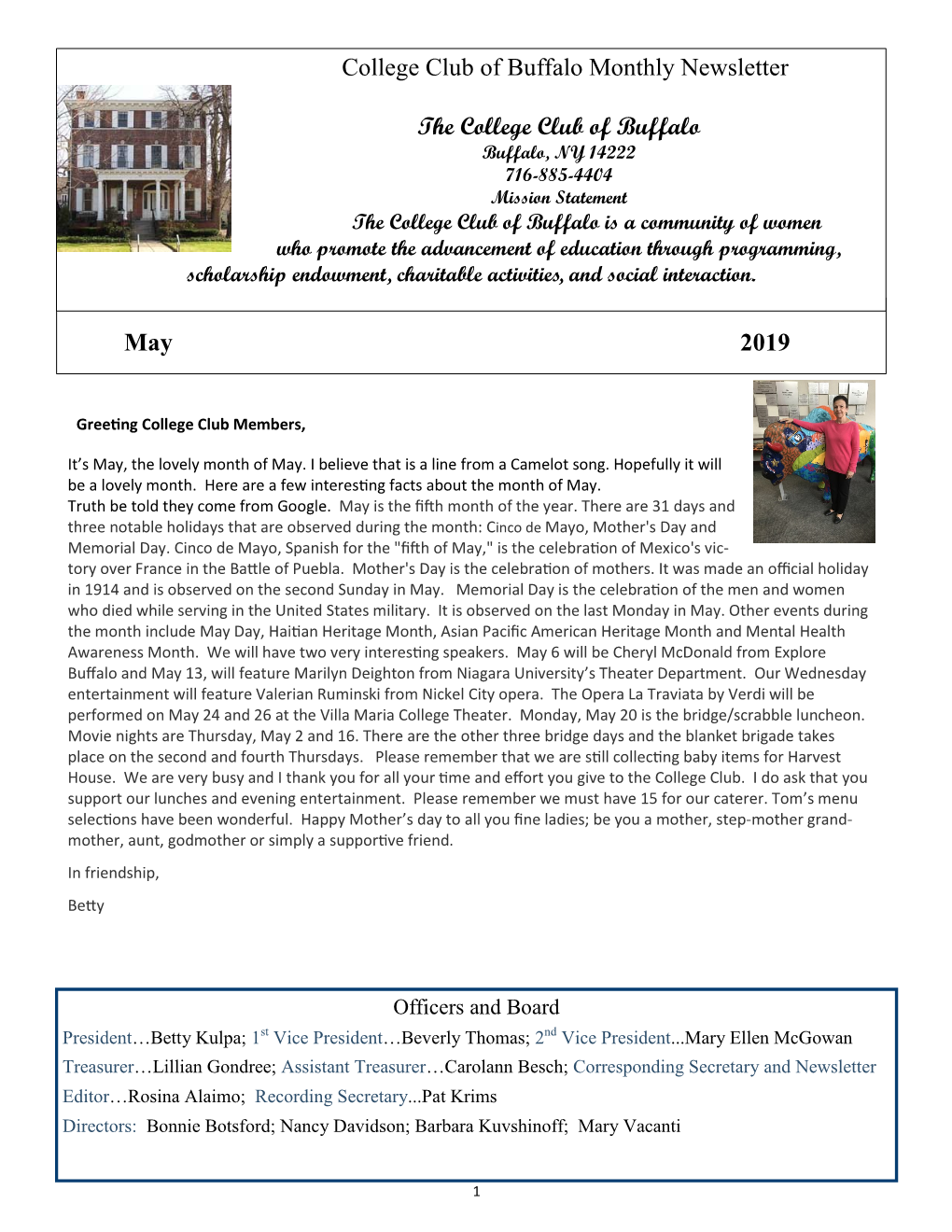 May 2019 College Club of Buffalo Monthly Newsletter the College
