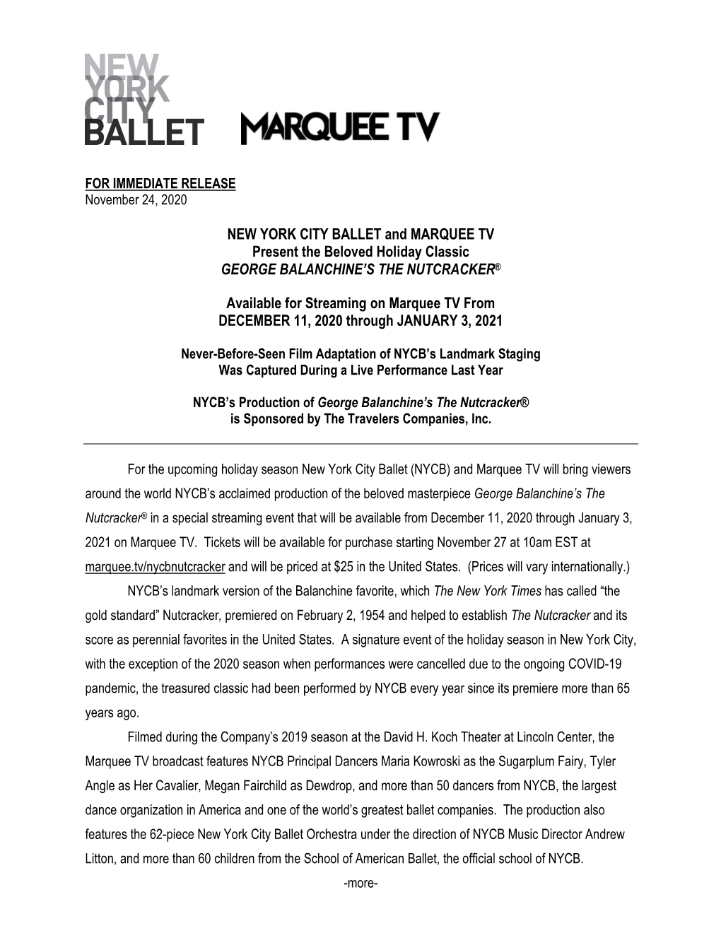 NEW YORK CITY BALLET and MARQUEE TV Present the Beloved Holiday Classic GEORGE BALANCHINE’S the NUTCRACKER®