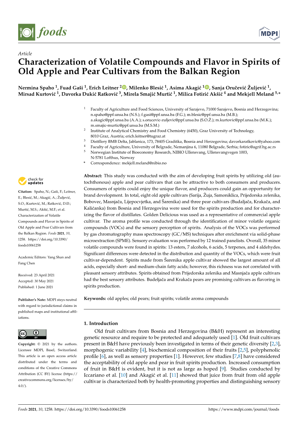 Characterization of Volatile Compounds and Flavor in Spirits of Old Apple and Pear Cultivars from the Balkan Region