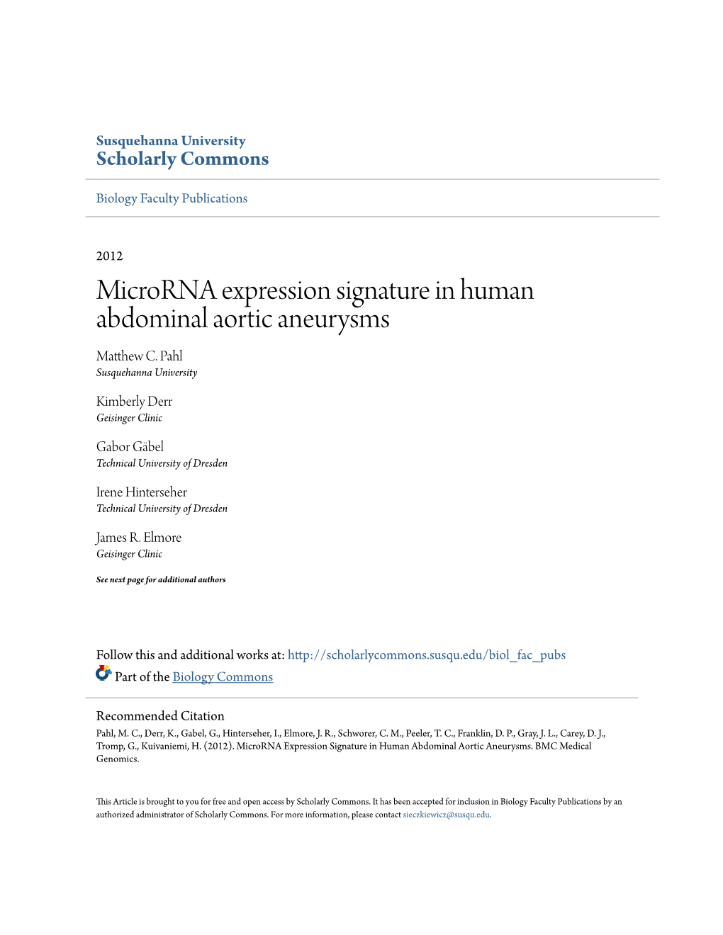 Microrna Expression Signature in Human Abdominal Aortic Aneurysms Matthew .C Pahl Susquehanna University