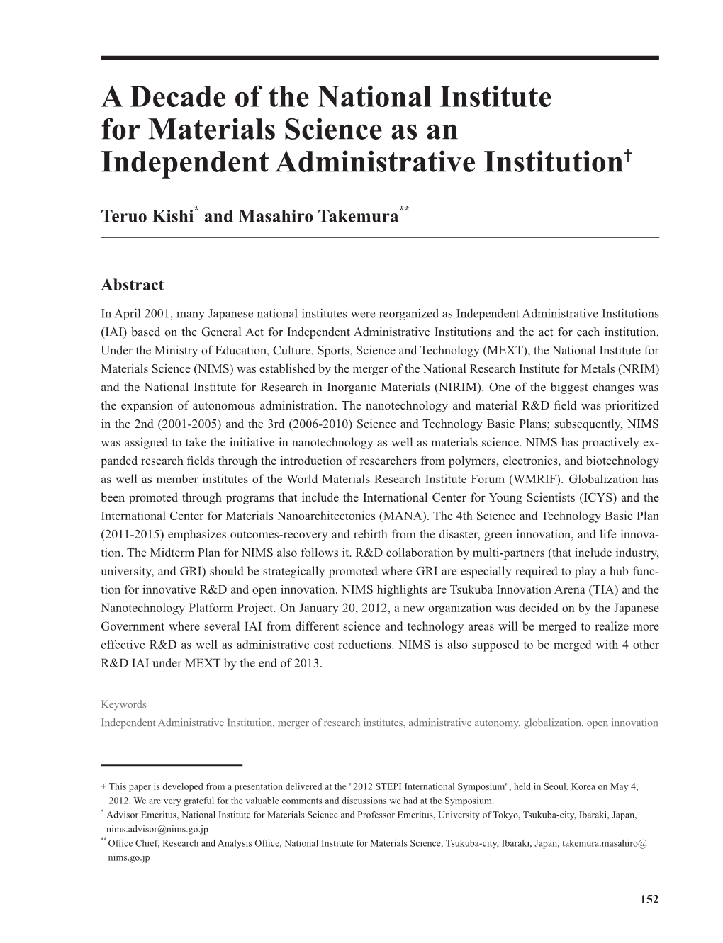 A Decade of the National Institute for Materials Science As an Independent Administrative Institution