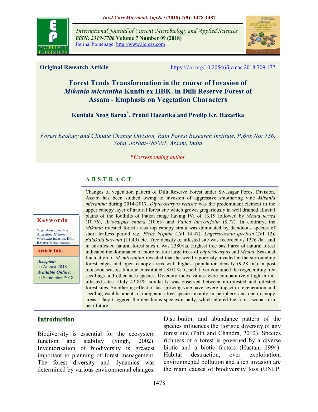 Forest Tends Transformation in the Course of Invasion of Mikania Micrantha Kunth Ex HBK