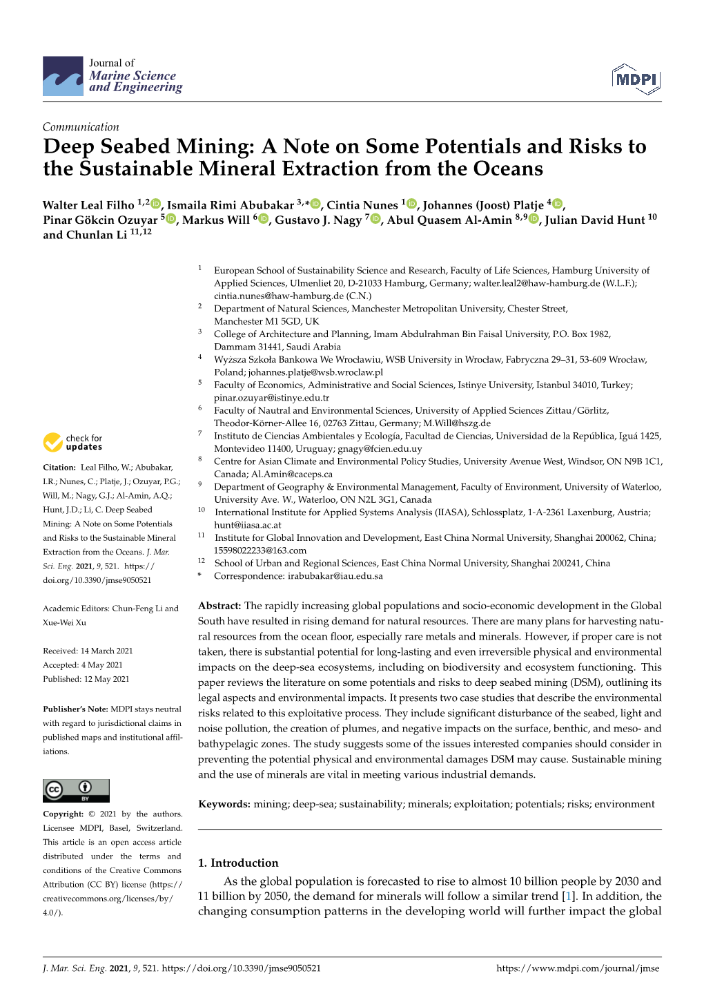 Deep Seabed Mining: a Note on Some Potentials and Risks to the Sustainable Mineral Extraction from the Oceans