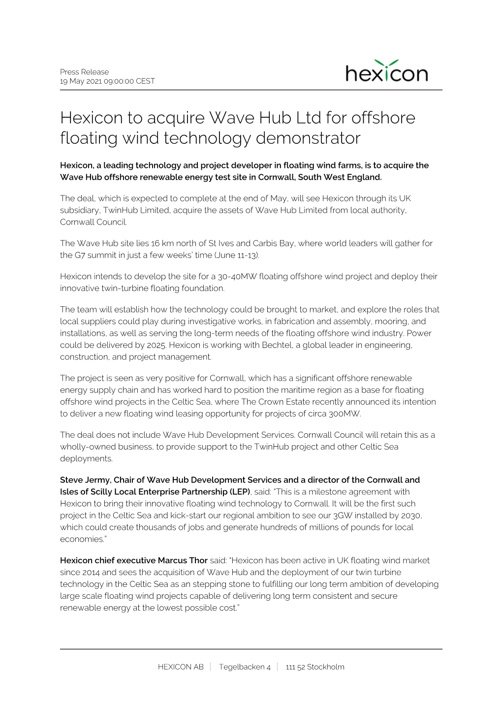 Hexicon to Acquire Wave Hub Ltd for Offshore Floating Wind Technology Demonstrator