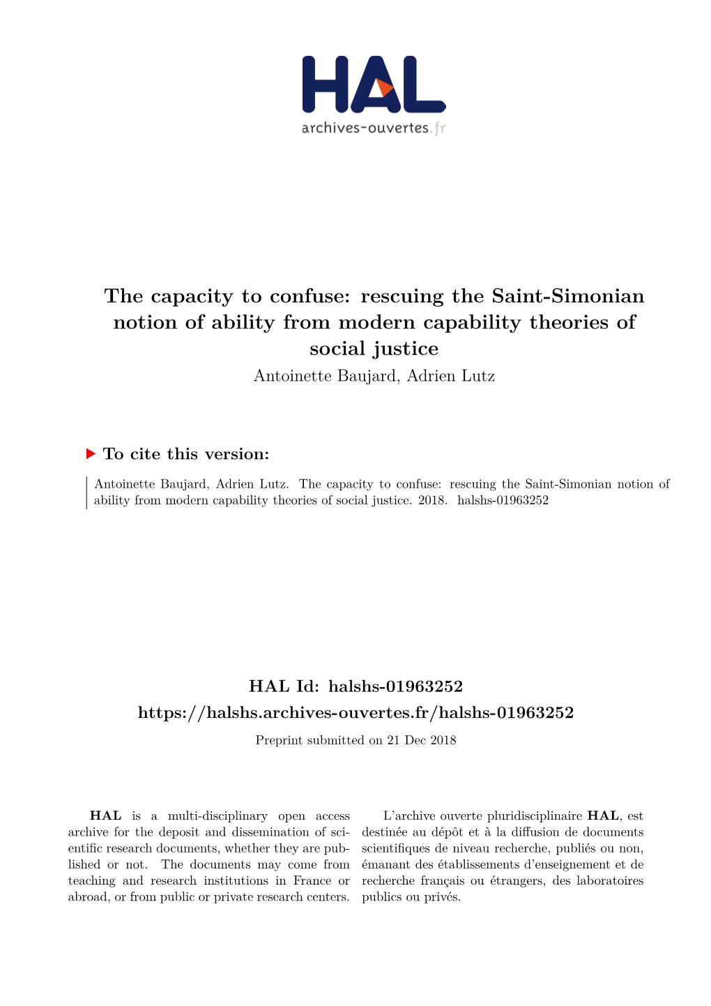 Rescuing the Saint-Simonian Notion of Ability from Modern Capability Theories of Social Justice Antoinette Baujard, Adrien Lutz