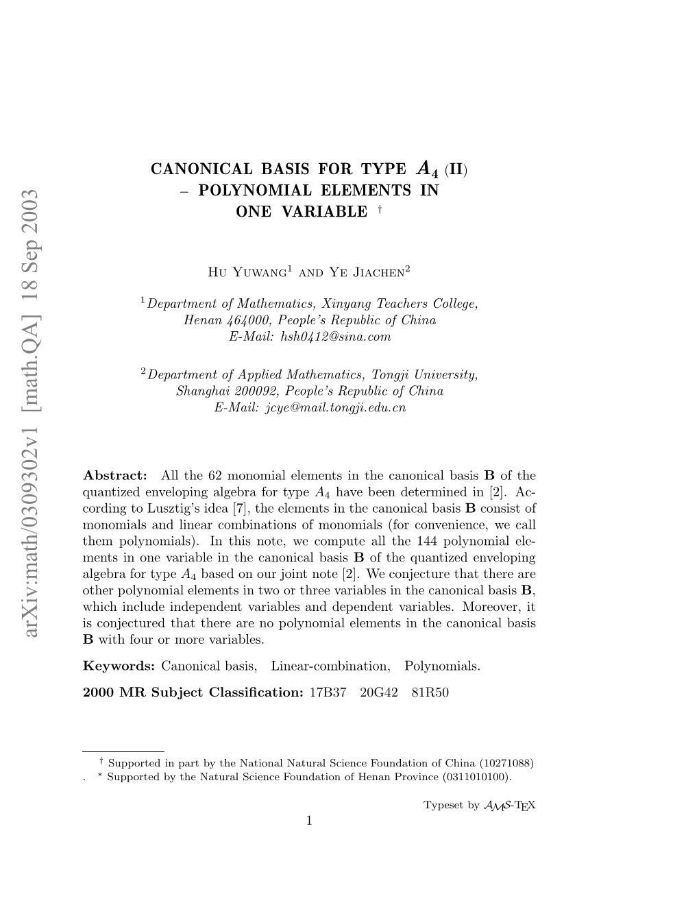 Arxiv:Math/0309302V1 [Math.QA] 18 Sep 2003